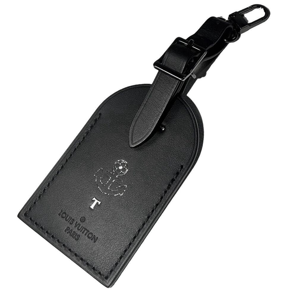 Authentic Louis Vuitton Silver Black Leather Name Tag w/ T MarineAnchor Emblem